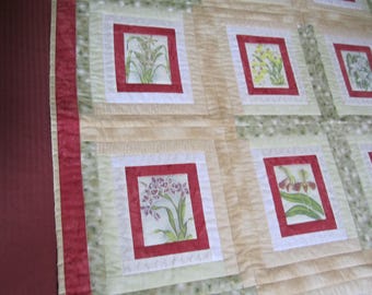 Twin Size Quilt "Orchids" 74.5 x 46.5" Quilted Wallhanging, Patchwork Photo Quilt, Quilted Blanket, Quiltsy Handmade, Floral Quilt