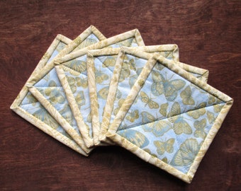 Quilted Coasters "Golden Butterflies and Blue Sky" Yellow and Blue Coasters, Padded Coasters, Mug Rugs, Coffee Coaster, Quiltsy Handmade