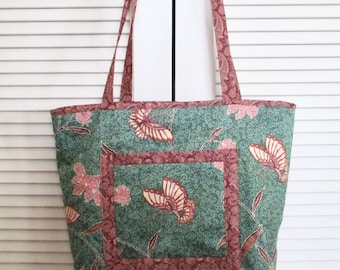 Quilted Totebag "Green Butterfly Tote" Medium Size Floral Shopping Bag, Handmade Fabric Tote, Carry-all