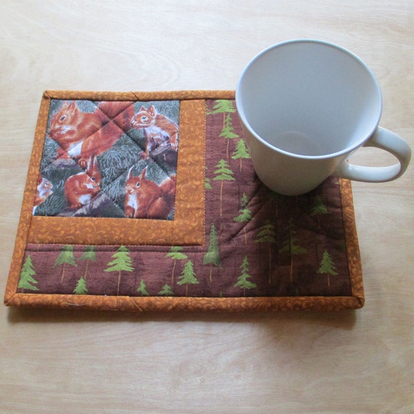 Quilted Mug Rug "Squirrel Party in the Woods" Small Placemat, Brown and Green Snack Mat, Quilted Desk Mat