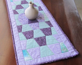 Quilted Table Runner "Stained Glass" Green, Purple and Lavender, Tumbler Design, Handmade Elegant Table Topper, Quiltsy Handmade