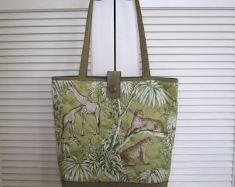 Quilted Totebag "In The Jungle: Giraffes, Leopards, Monkeys and Birds" Handmade Fabric Tote, Market Bag, Carry-all, Quiltsy Handmade,