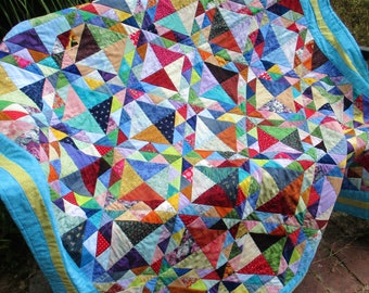 Patchwork Quilt "Colorful Triangles" Brightly Colored Twin Size Quilt 75x54, Quilted Blanket, Quiltsy Handmade