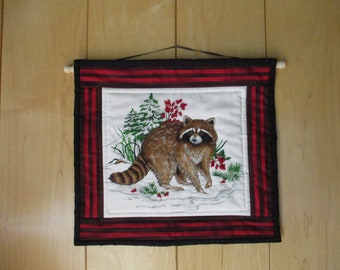Decorative Wallhanging "Raccoon in the Snow" Winter Scene, Small Quilted Wall Hanging, White Brown Red and Green, Quiltsy Team