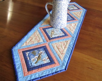 Quilted Table Runner in Blue and Peach "Fancy Birds and Flowers" Long Quilted Table Topper, Quiltsy Handmade, Rectangular Table Runner