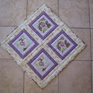 Quilted Table Topper "Orchids and Dragonflies" Square Table Runner, Lilac, Green and Purple, Table Decor, Dining Table Mat, Quiltsy Handmade