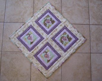 Quilted Table Topper "Orchids and Dragonflies" Square Table Runner, Lilac, Green and Purple, Table Decor, Dining Table Mat, Quiltsy Handmade