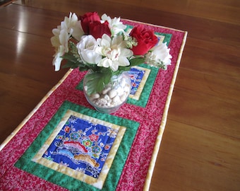 Quilted Table Runner "Colorful Floral Table Runner" Large Table Topper, Bright Floral Table Mat, Quiltsy Handmade, Handmade Tablerunner