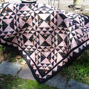 Patchwork Quilt &quot;Triangles and Flowers&quot; Black and Pink Lap Quilt 43.75x48.75, Sofa Throw, Wheelchair Quilt, Quilted Blanket Quiltsy Handmade