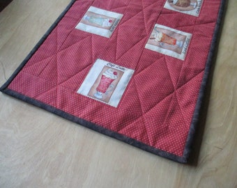 Quilted Table Runner "Coffee Time!" Small Rectangular Table Mat for the Coffee Lover, Red and Brown Table Topper, Quiltsy Team