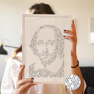 Könnte beinhalten: Ein weiß gerahmter Druck mit einem Porträt von William Shakespeare, das vollständig aus kleinem schwarzem Text besteht. Die Typografie variiert in der Dichte, um die Gesichtszüge und Schattierungen des Motivs zu erzeugen. Ein kreisförmiger Einsatz zeigt ein Detail.