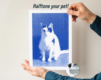 Personalised pet portrait—A4 halftone pen plotter art—Machine-drawn decor monochrome custom family animal print unique gift drawing design