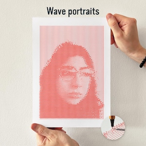 May include: A white rectangular print featuring the text Wave portraits at the top. The artwork displays a portrait created entirely from continuous red wavy lines that form the facial features and hair of a person against a white background.