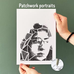 Puede incluir: Una impresión rectangular blanca titulada Patchwork portraits que presenta un dibujo en tinta negra de un rostro compuesto por formas geométricas y líneas garabateadas. La obra muestra un estilo de retrato fragmentado con sombreado denso.