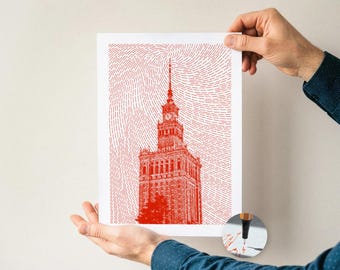 Warszawatornet—A4-penna plotter linjeteckning—Maskinritad dekor orange tryck unik Polen-teckning väggdesign bläck landmärke himmel skiss på papper