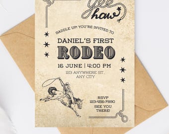 My First Rodeo Invitation | Editable Digital Birthday Invite | Cowboy Cowgirl Western Party Template | Rustic Rodeo Birthday Invitation