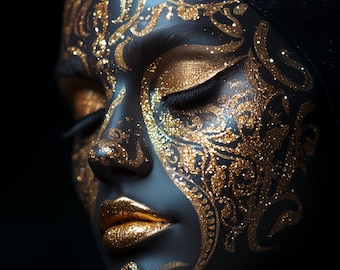 African Woman Gold Face Art Print: Abstract Portrait (Digital Download)
