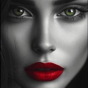 Arte digital, mujer con ojos verdes, labios rojos, retrato en blanco y negro, estilo minimalista abstracto, arte de pared, decoración del hogar, arte moderno