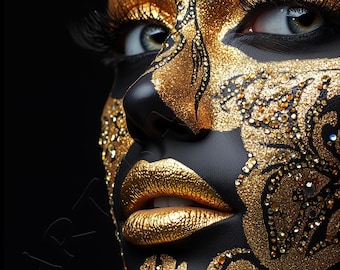 Black and Gold African Woman Portrait: Abstract Face Art (Digital Download)