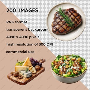 May include: An image showcasing a variety of culinary elements. A grilled steak with rosemary sits on a white plate. A wooden cutting board displays cheese, grapes, and walnuts. A bowl of salad with croutons and grilled chicken is also present. The image text reads: "200 IMAGES, PNG format, transparent background, 4096 x 4096 pixels, high resolution of 300 DPI, commercial use."