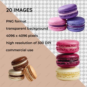 Puede incluir: Una variedad de macarons coloridos en tonos de morado, rosa, marrón y amarillo. La imagen también incluye texto: "20 IMAGES", "PNG format", "transparent background", "4096 x 4096 pixels", "high resolution of 300 DPI" y "commercial use".