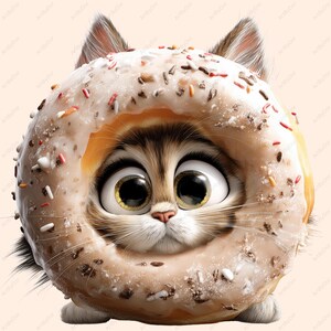 以下が含まれることがあります： 大きな瞳が印象的な猫のイラスト。頭はグレーズドーナツで囲まれています。ドーナツはカラフルなスプリンクルで飾られています。猫の毛皮は茶色とタン色のミックスで、遊び心のある甘いイメージを作り出しています。