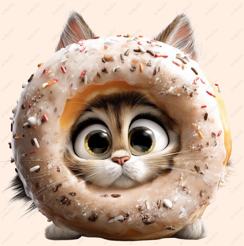 以下が含まれることがあります： 大きな瞳が印象的な猫のイラスト。頭はグレーズドーナツで囲まれています。ドーナツはカラフルなスプリンクルで飾られています。猫の毛皮は茶色とタン色のミックスで、遊び心のある甘いイメージを作り出しています。