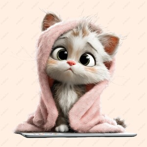 以下が含まれることがあります： ピンク色の毛布に包まれた可愛い子猫のデジタルイラスト。子猫は大きな緑色の目、ピンク色の鼻をしており、少し悲しそうな表情をしています。背景は柔らかく、単色のピーチ色です。