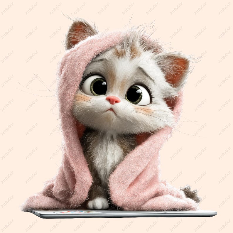 以下が含まれることがあります： ピンク色の毛布に包まれた可愛い子猫のデジタルイラスト。子猫は大きな緑色の目、ピンク色の鼻をしており、少し悲しそうな表情をしています。背景は柔らかく、単色のピーチ色です。
