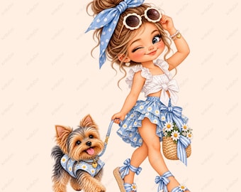 May include: A cartoon illustration of a winking character with a high bun and blue polka dot hair bow, wearing a white ruffled top, blue daisy-print skirt, and platform sandals, holding a woven basket and a lead attached to a small Yorkshire terrier.