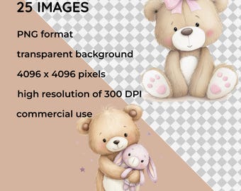 Teddy Bär Clipart - Pastell Kinderzimmer Tiere, 25 PNG für Aufkleber, Scrapbooking & Bastelarbeiten, digitaler Download