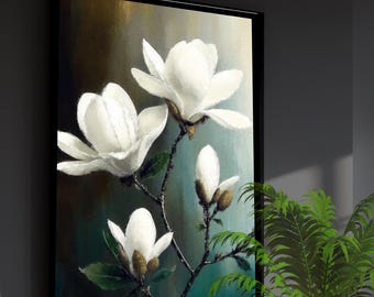 Pintura al óleo de magnolia blanca: arte mural floral moderno (descarga digital)