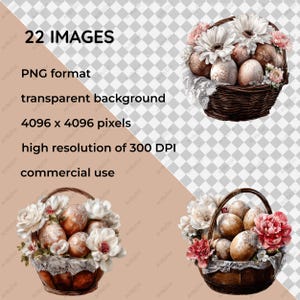 Könnte beinhalten: Digitales Kunstbild mit drei Körben voller dekorierter Ostereier und Blumen. Die braunen Körbe sind mit weißer Spitze verziert. Der Text lautet: "22 IMAGES, PNG format, transparent background, 4096 x 4096 pixels, high resolution of 300 DPI, commercial use."
