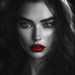 Mujer con ojos verdes, labios rojos, retrato en blanco y negro, estilo minimalista abstracto, arte de pared, decoración del hogar, arte moderno, decoración glamurosa
