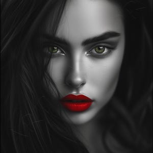 Mujer con ojos verdes, labios rojos, retrato en blanco y negro, estilo minimalista abstracto, arte de pared, decoración del hogar, arte moderno, decoración glamorosa