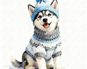 水彩画風クリスマス犬のクリップアート – セーターと帽子をかぶった冬の子犬20匹（JPGダウンロード）
