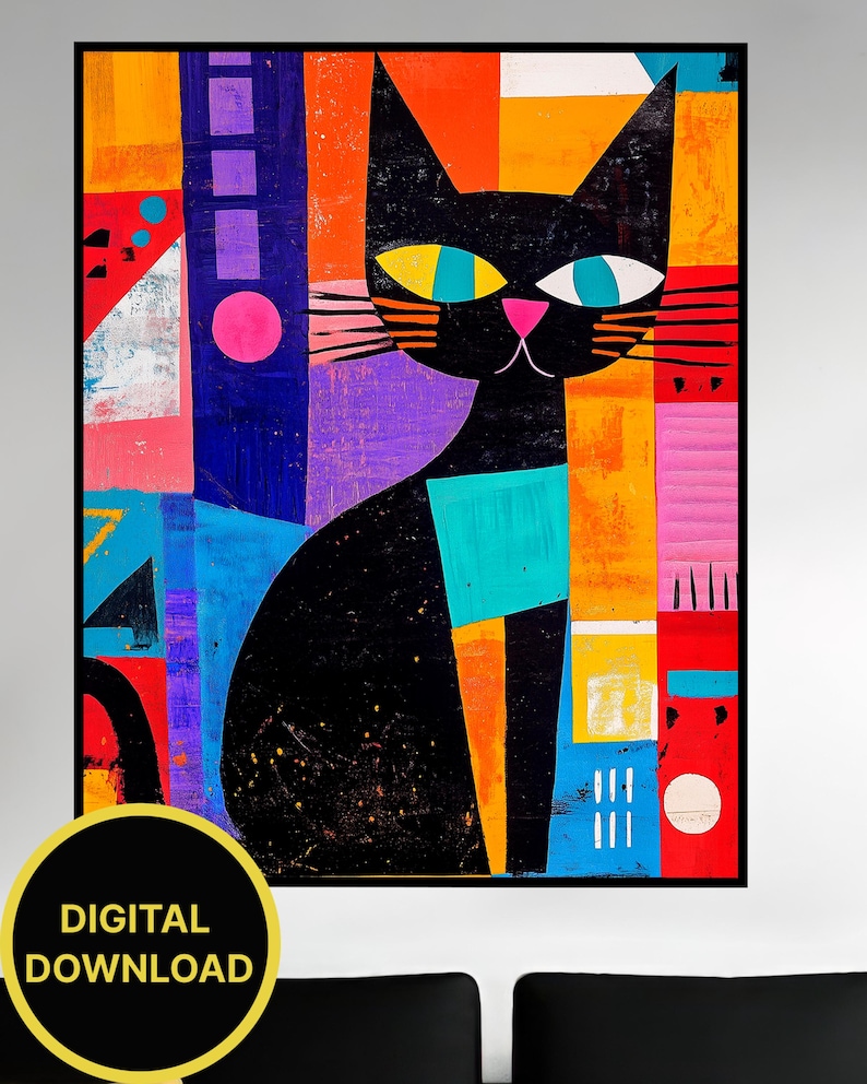 Black Cat – Abstract Cubist Print, Modern Geometric Picasso Style Art ...