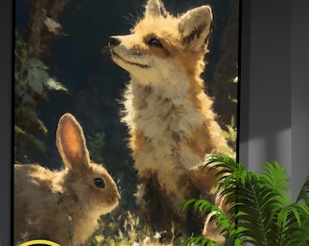 May include: A framed digital art print featuring a fox and a rabbit in a forest setting. The fox, with orange and white fur, looks upwards. The rabbit, with brown fur, is positioned to the left. The artwork has a painterly style with a dark background.
