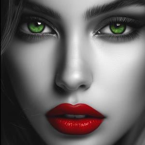 Mujer con ojos verdes, labios rojos, retrato en blanco y negro, estilo minimalista abstracto, arte de pared, decoración del hogar, arte moderno, decoración glamurosa