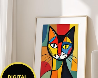 May include: A framed abstract cat art print with a colorful geometric design. The cat's face is divided into sections of red, yellow, blue, and black. The artwork is labeled "DIGITAL DOWNLOAD" in a yellow circle.
