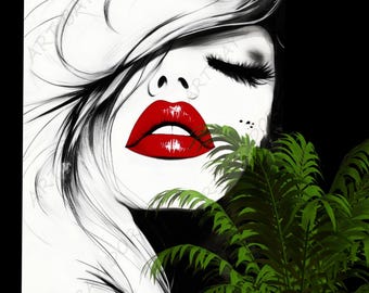 Rote Lippen Pop Art Print: Minimalistisches schwarz weisses Frauenportrait (Digitaler Download)