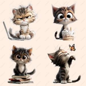 以下が含まれることがあります： 4匹の漫画の猫のイラスト。1匹の猫はラップトップを持って座り、別の猫はろうそくのついたケーキを持ち、3匹目はメガネをかけて本の上に座り、最後は蝶に手を伸ばしています。