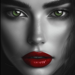 Arte digital, mujer de ojos verdes, labios rojos, retrato en blanco y negro, estilo minimalista abstracto, arte de pared, decoración del hogar, arte moderno