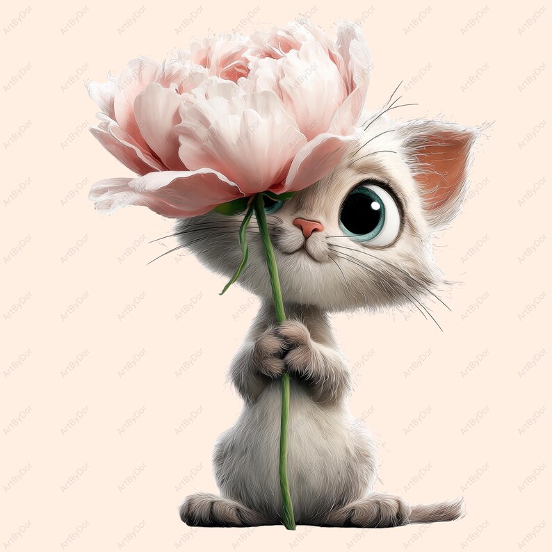 以下が含まれることがあります： 大きなピンクの花を持っている白い子猫の漫画イラスト。子猫は大きな青い目をし、優しい表情をしています。花はソフトピンク色で、背景は明るいピーチ色です。