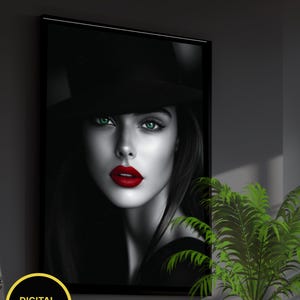 Digital Art, Woman with Green Eyes, Red Lips, Black and White Portrait, Abstract Minimalist Style, Wall Art, Home Decor, Modern Art