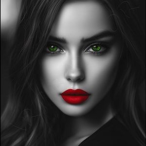 Ojos verdes, labios rojos, retrato en blanco y negro, estilo minimalista abstracto, arte de pared, decoración del hogar, arte moderno, decoración glamorosa, arte digital