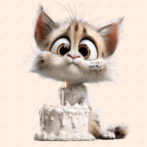 以下が含まれることがあります： 大きな目をした猫の漫画イラスト。小さな白いケーキとろうそくを持っています。猫は茶色とベージュの毛皮で、少し心配そうな表情をしています。ケーキは白いフロスティングとスプリンクルで飾られています。