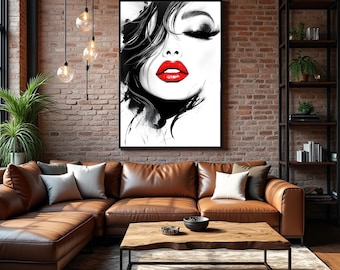 Glamouröse rote Lippen Pop Art Porträt: Moderne Wandkunst (Digitaler Download)