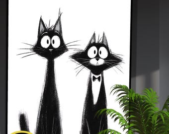 面白い猫、白黒アート、蝶ネクタイをした猫、スケッチアートスタイル