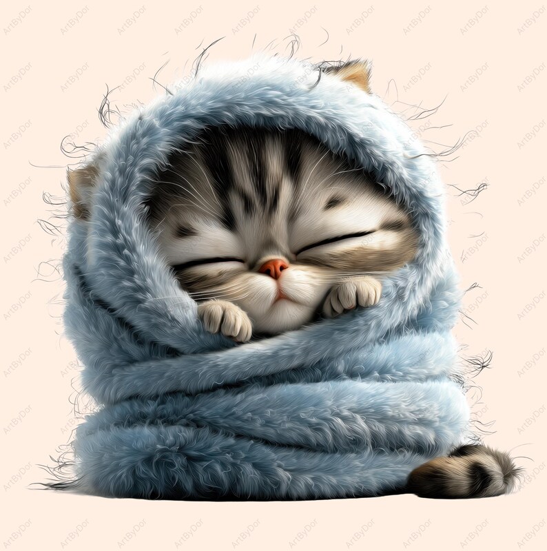 以下が含まれることがあります： 柔らかい水色の毛布に包まれた、眠っている子猫のデジタルイラスト。子猫はグレーと茶色の縞模様の毛並み、閉じられた目、ピンク色の鼻をしています。毛布はふわふわとした質感です。
